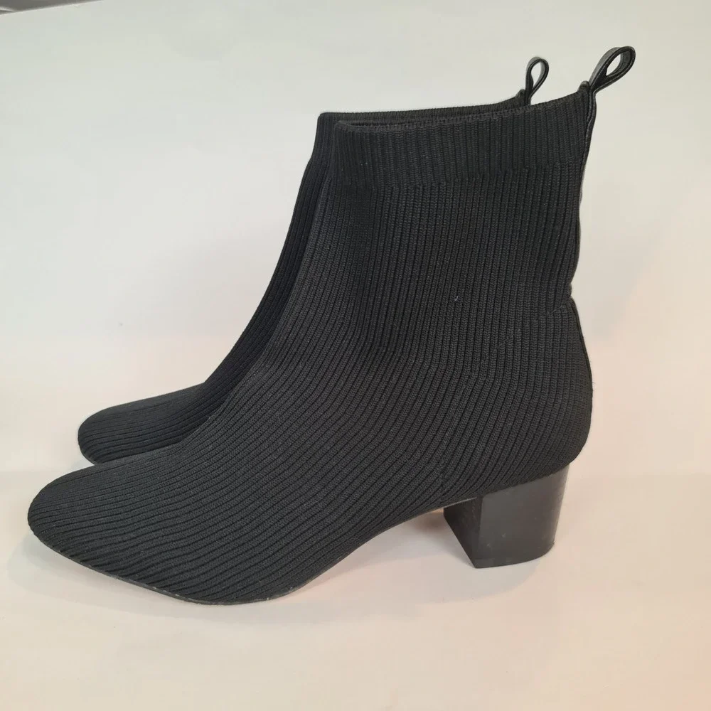 Joie Black Ribbed Knit Sock Booties Square Toe Block Heel Ankle Boots Size 9
